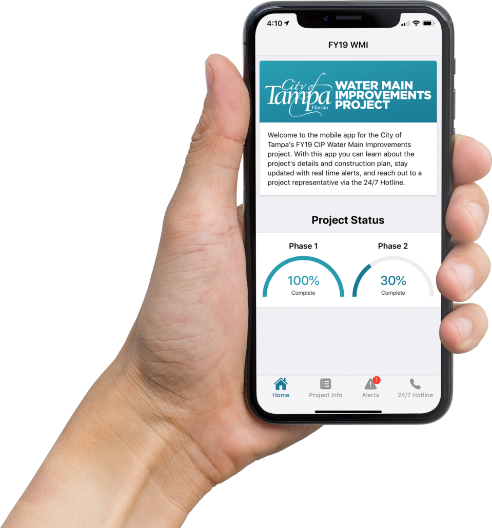 Hand holding a phone with the City of Tampa Water Main Improvements Project mobile application on the screen