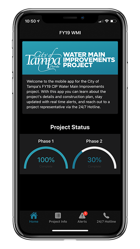 Phone with the City of Tampa Water Main Improvements Project mobile app showing on the screen